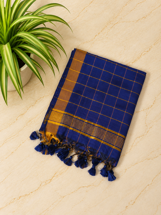 Traditional Big Checks Mul cotton with tassels - Navy Blue MammaHug