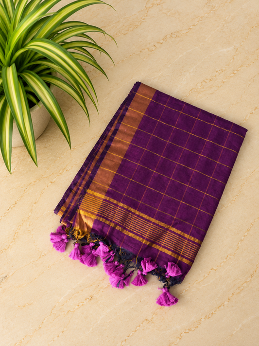 Traditional Big Checks Mul cotton with tassels - Purple MammaHug