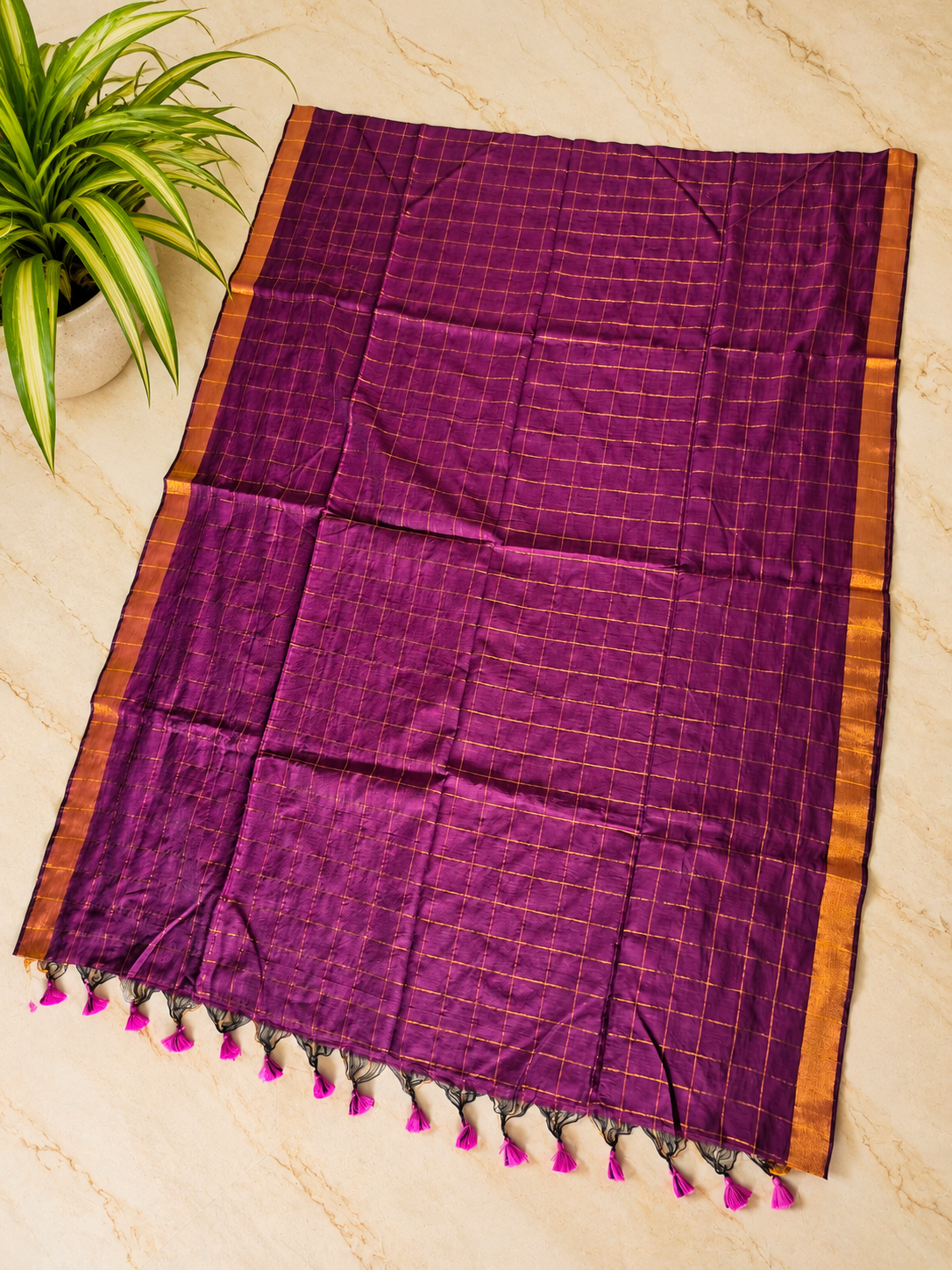 Traditional Big Checks Mul cotton with tassels - Purple MammaHug