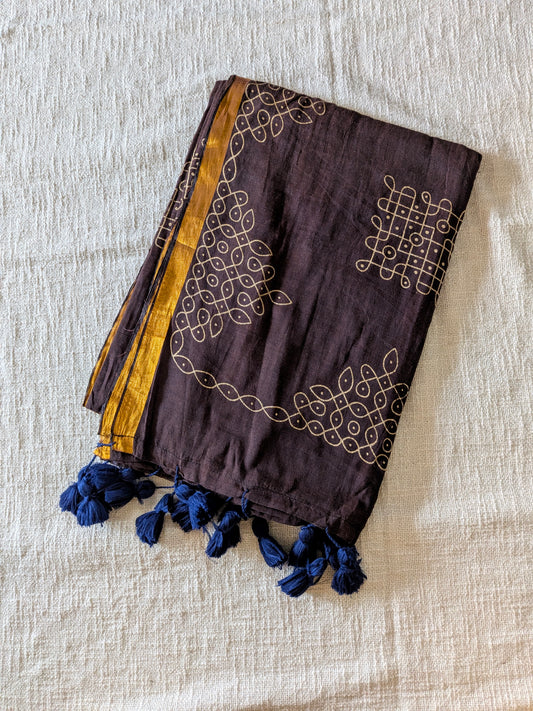 Traditional Kolam print on Mul cotton with tassels - Brown MammaHug