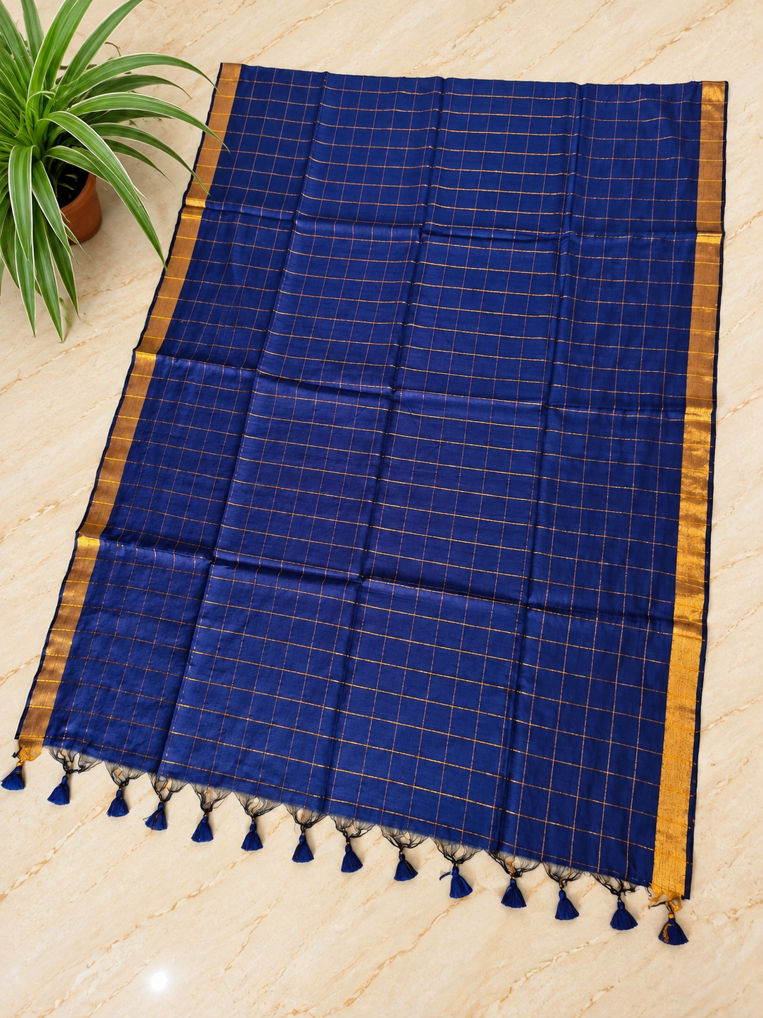 Traditional Big Checks Mul cotton with tassels - Navy Blue MammaHug